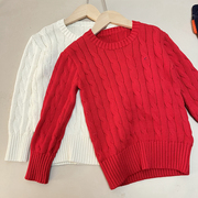 118RL红色麻花男女童针织衫纯棉线毛衣外套节日中国红小马标