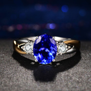 镀银混色蓝宝石戒指，四爪坦桑石蓝水晶，钻戒活口欧美女饰品