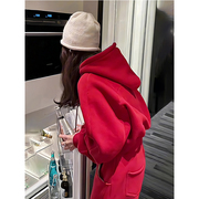 韩版网红炸街休闲时尚红色卫衣套装女简约高级感连帽运动服两件套