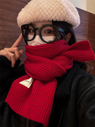 新年红色含羊毛针织围巾女冬季2024韩版百搭加厚保暖毛线围脖