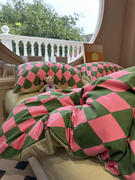 ins秋冬加厚红绿撞色磨毛菱格四件套全棉1.5m1.8米被套床单保暖