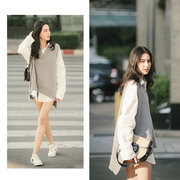 Mai Davika超模同款时尚潮两件套灰色V领马甲毛衣+白色衬衫女