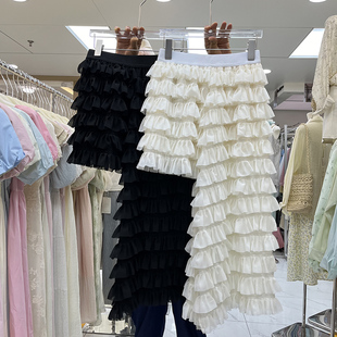 韩国小众不规则雪纺半身裙设计感前短后长中长款蛋糕裙度假风裙子