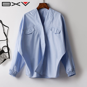 bxv蓝色纯棉蝙蝠袖衬衫女2023春秋，设计感法式宽松轻熟风v领衬衣潮