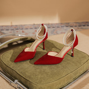 红色高跟鞋女细跟2023年春季尖头婚鞋珍珠绑带日常单鞋