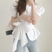 韩国chic圆领泡泡袖绑带收腰短袖衬衫女夏季2024小众气质上衣