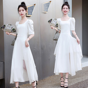 白色连衣裙女高级感2023夏时尚(夏时尚)修身洋气短袖方领雪纺大摆长裙
