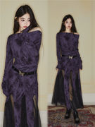 小众艺术风紫色斜肩长袖收腰显瘦拼接网纱设计感下摆长款连衣裙