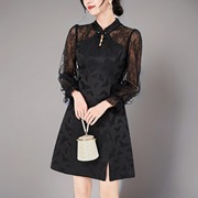 法式连衣裙女2024春季复古新中式，黑浮雕提花，收腰蕾丝网纱长袖