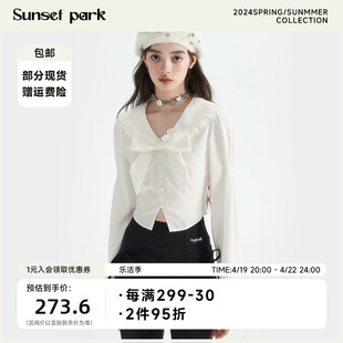 SunsetPark日落公园 甜心海军领蝴蝶结后腰绑带衬衫春秋季上衣女