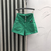 欧货绿色高腰牛仔短裤，女2024年夏季时尚，宽松休闲a字阔腿热裤