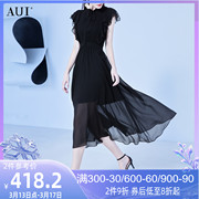 aui黑色设计感蕾丝，雪纺连衣裙女2024夏季气质轻熟风无袖长裙