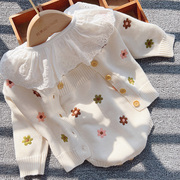 韩版婴儿衣服秋装，绣花针织毛衣开衫秋冬女宝宝，棉线背带裤外套套装