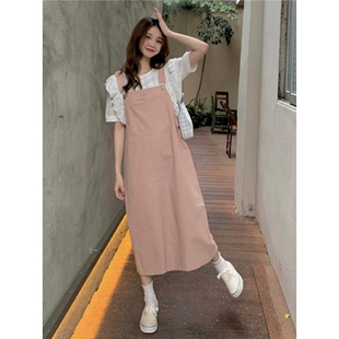 韩版设计感甜美白色荷叶，边衬衫减龄粉色背带连衣裙套装