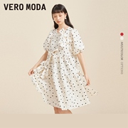 Vero Moda奥莱连衣裙子春秋甜美法式泡泡袖爱心蝴蝶结宽松