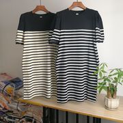 韩版夏季洋气年轻条纹拼色短袖圆领两口袋宽松显瘦气质连衣裙2367
