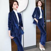 蓝色金丝绒套装女秋冬2020韩版高端名媛气质，时尚小西装两件套