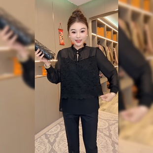春新时尚显瘦立领长袖衬衫女修身洋气纯欲风蕾丝拼接雪纺衫上衣