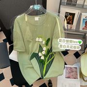 100%纯棉设计感立体花朵，短袖t恤创意贴布宽松男女情侣大码-300斤