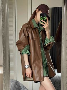 韩版高级感设计感套装皮裙秋季外搭皮夹克潮牌做旧水洗皮衬衫外套