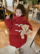 女童羽绒服中长款2023加绒加厚棉衣，红色冬装洋气外套保暖棉服