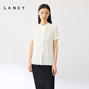 lancy朗姿2024夏季真丝，法式通勤立领白衬衫，女高级感花边短袖上衣