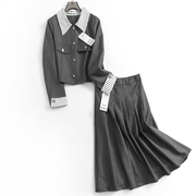 条纹拼接显瘦短款单排扣长袖女减龄外套高腰百褶半身裙女套装N447