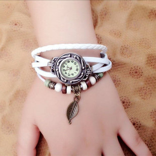 韩国时尚牛皮缠绕手，链表手镯表女士表学生，叶子吊饰复古手表