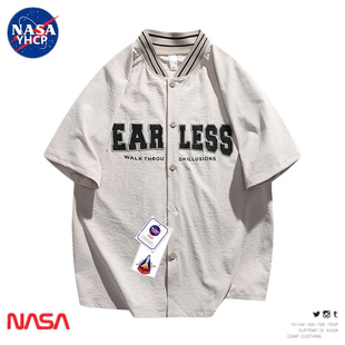 NASA联名冰感夏季男款日系t恤开衫男士短袖棒球服领休闲衬衫潮牌