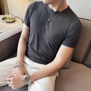 夏季冰丝薄款T恤男短袖韩版修身痞帅圆领紧身显瘦高弹力纯色体恤