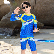 儿童泳衣男童防晒速干沙滩，分体长袖大码大童蓝色印花青少年游泳装