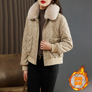 pu皮棉衣女短款加绒加厚2023年冬装，韩版小个子菱格棉服外套潮