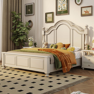 美式白色全实木，高箱双人床风格家具1.8米婚床原木，欧式铺板床卧室