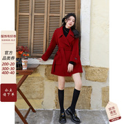 红色羊绒呢子大衣女冬季短款小个子高级感气质羊毛双面毛呢外套