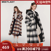 MEETLADY学院风格子连帽加厚长款呢大衣女冬季高级感毛呢外套