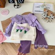 韩版女童针织吊带衫春季女宝宝花朵上衣撞色毛衣马甲衬衫套装