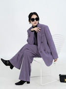 紫色灯芯绒西装套装女2023秋季复古休闲时尚外套高级感阔腿裤