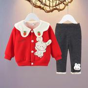 女宝宝秋冬季套装2岁女童加绒加厚外套两件套6个月婴幼儿韩版衣服