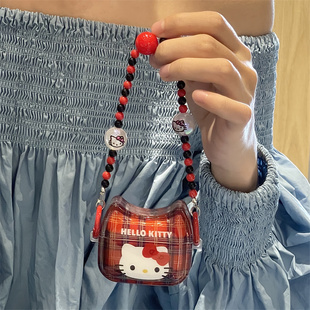 日韩ins风可爱卡通创意个性包包造型，红格纹hellokitty凯蒂猫适用苹果airpods123无线蓝牙耳机保护套pro二代