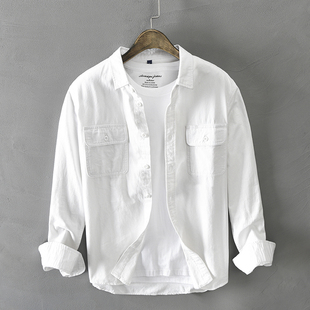 男士休闲长袖衬衫白色纯棉秋冬纯色工装口袋透气开衫衬衣外套男潮