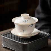 手绘兰花盖碗茶杯青花瓷泡茶杯单个三才茶碗陶瓷泡茶器不烫手茶具
