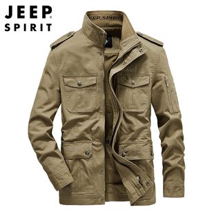 jeepspirit春季外套男立领宽松大码中长多袋工装夹克军旅风外套