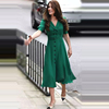 欧洲站明星凯特王妃同款女装夏季高端优雅气质绿色收腰连衣裙