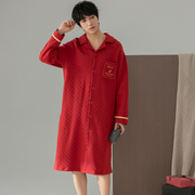 红色男士睡袍纯棉加厚冬季开衫，夹棉长裙夹层睡裙长款浴袍秋冬