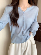 蓝色短款针织开衫女外套夏季冰丝防晒空调罩衫法式秋装长袖薄上衣