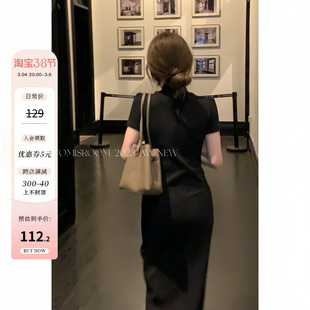 哟米yomi海德日记早春新中式，黑色连衣裙女小个子圆领气质长裙