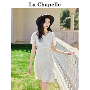 拉夏贝尔/La Chapelle法式白色连衣裙女夏季绣花钉珠圆领a字裙