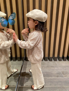 yusong2024春夏女儿童装镂空米，白色防晒衫针织室内空调开衫