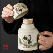 汝窑萌猫小暖壶陶瓷多用途杯马克杯带盖定制中式家用保温瓶泡茶杯