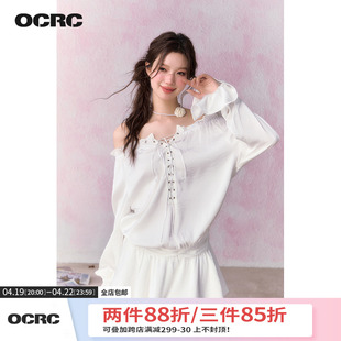 OCRC Official白色一字肩灯笼袖连衣裙荷叶边抽褶辣妹短款裙子女